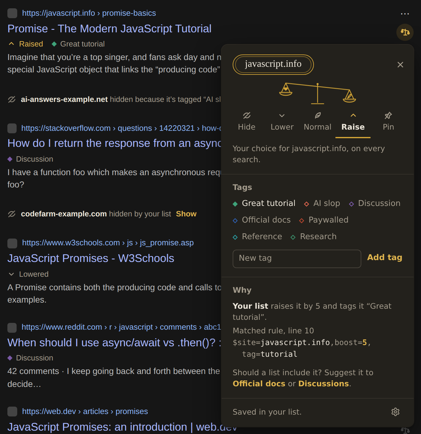The menu on a result: Hide, Lower, Normal, Raise, and Pin, with tags below