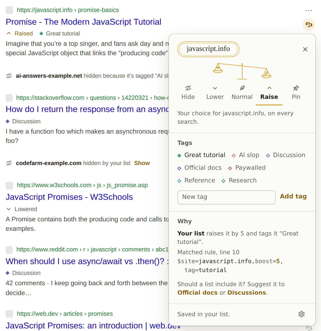 The menu on a result: Hide, Lower, Normal, Raise, and Pin, with tags below