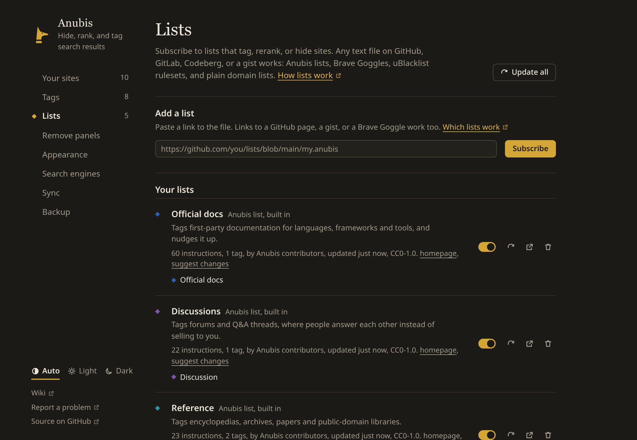 Settings, Lists