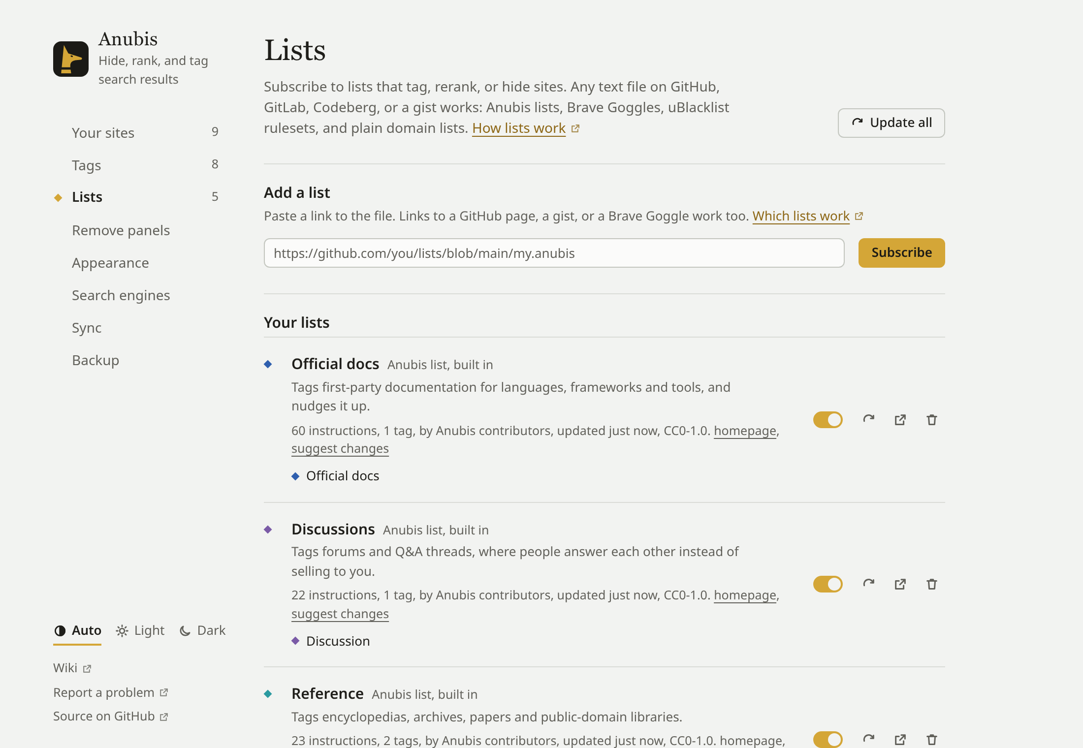 Settings, Lists