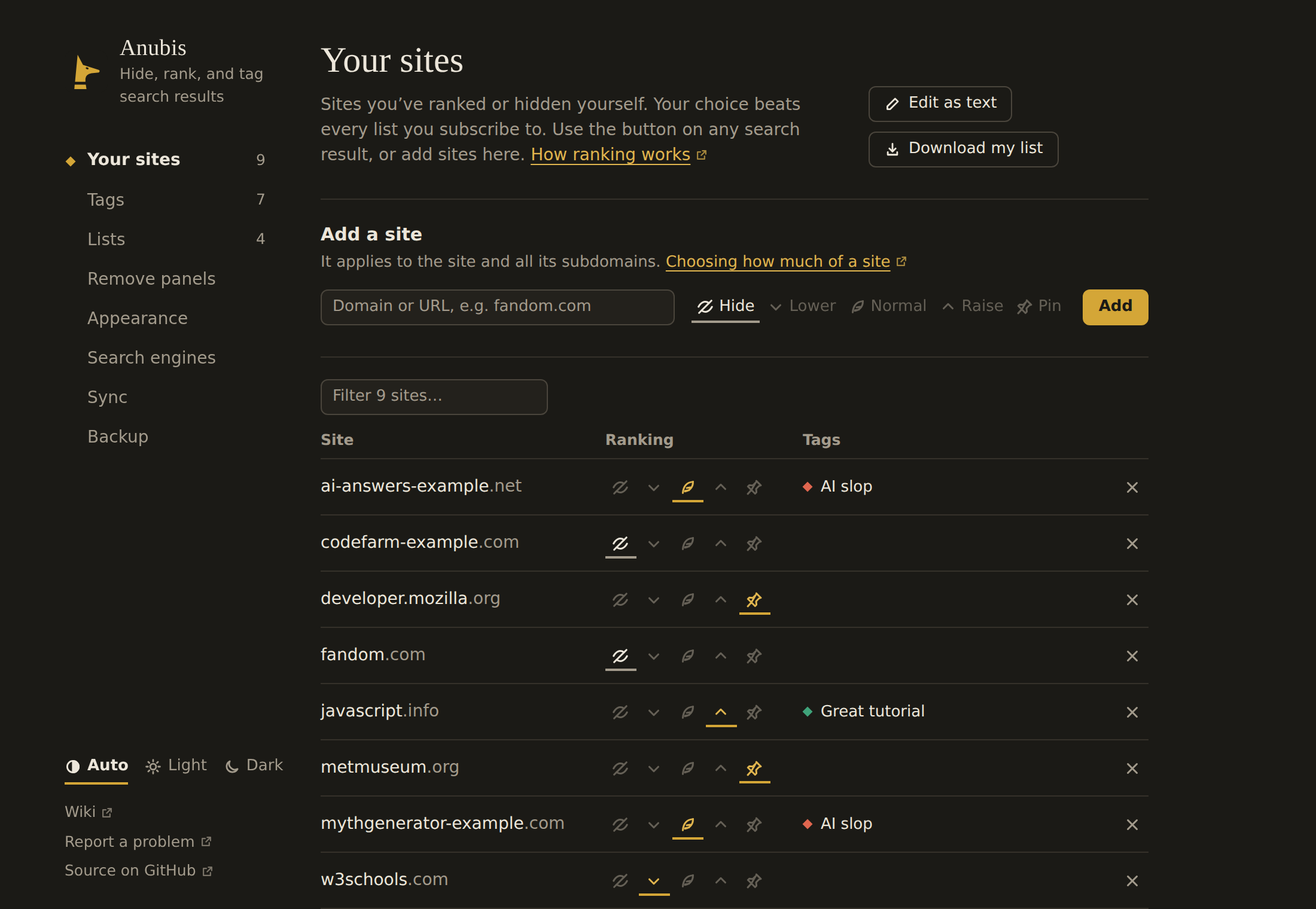 Settings, Your sites
