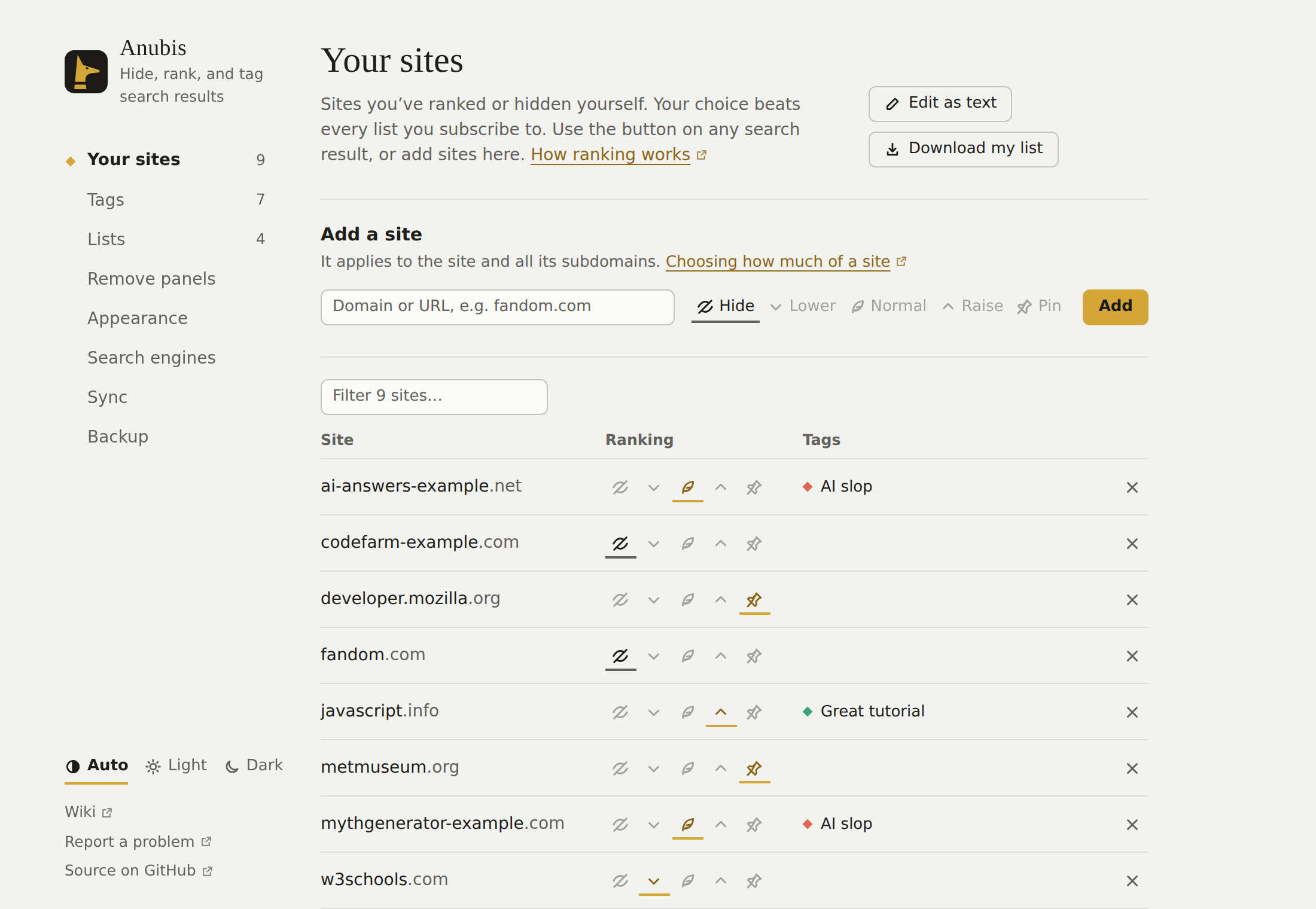 Settings, Your sites