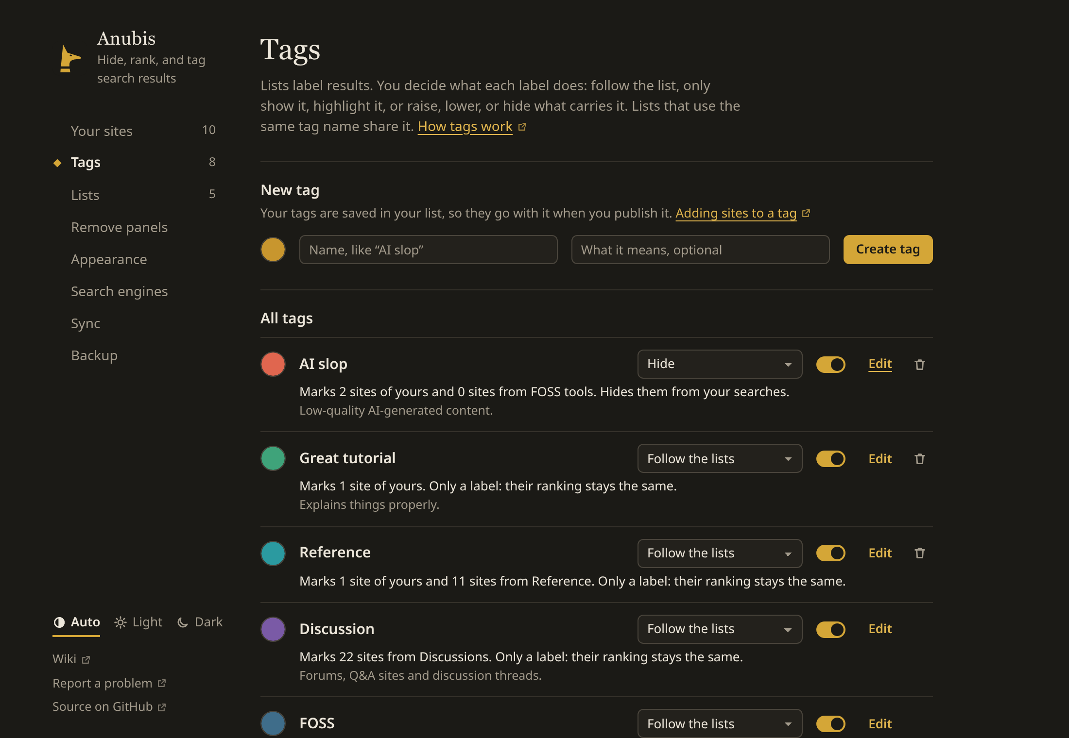 Settings, Tags, with an expanded tag showing the optional explanation field for a site