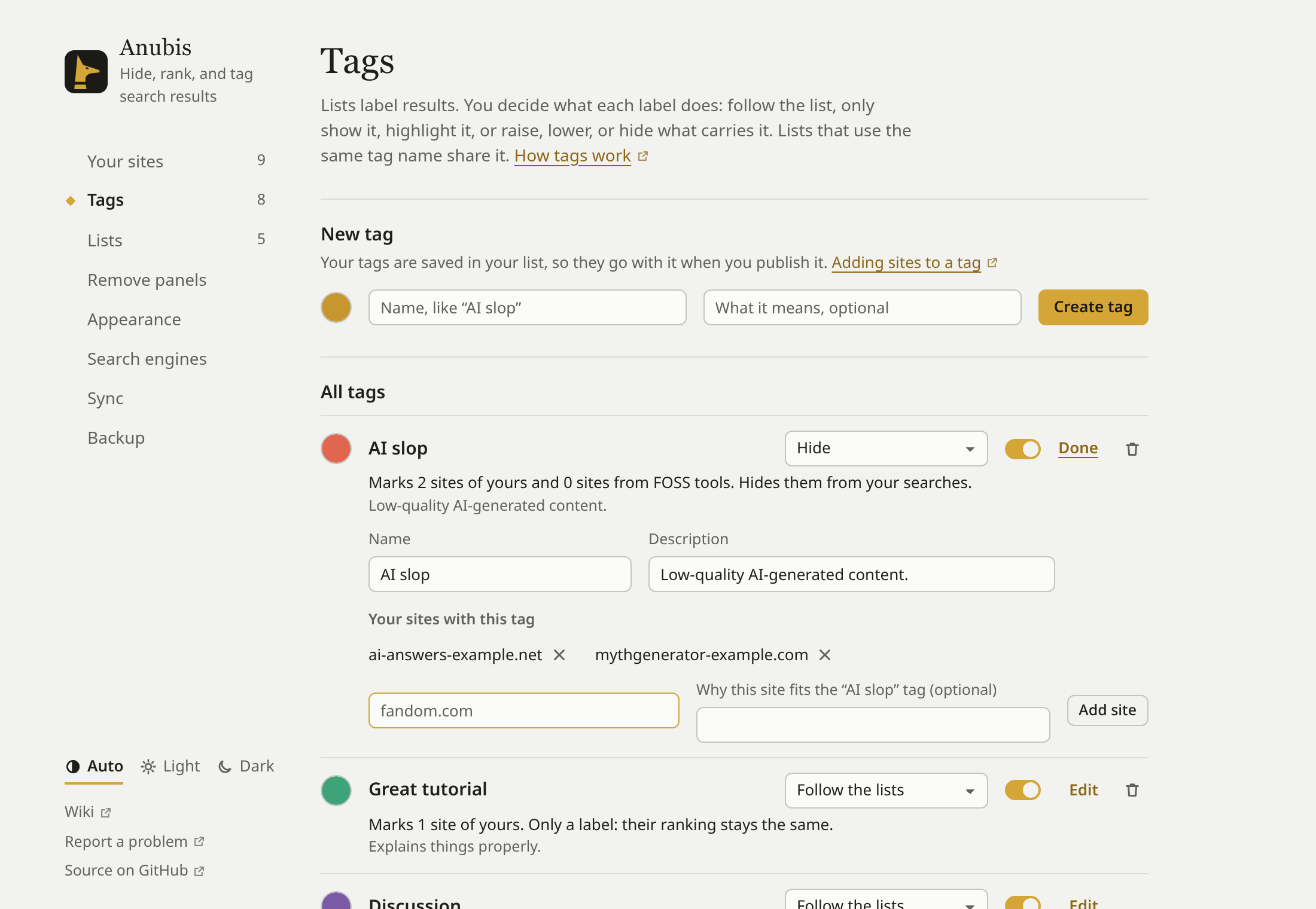 Settings, Tags, with an expanded tag showing the optional explanation field for a site