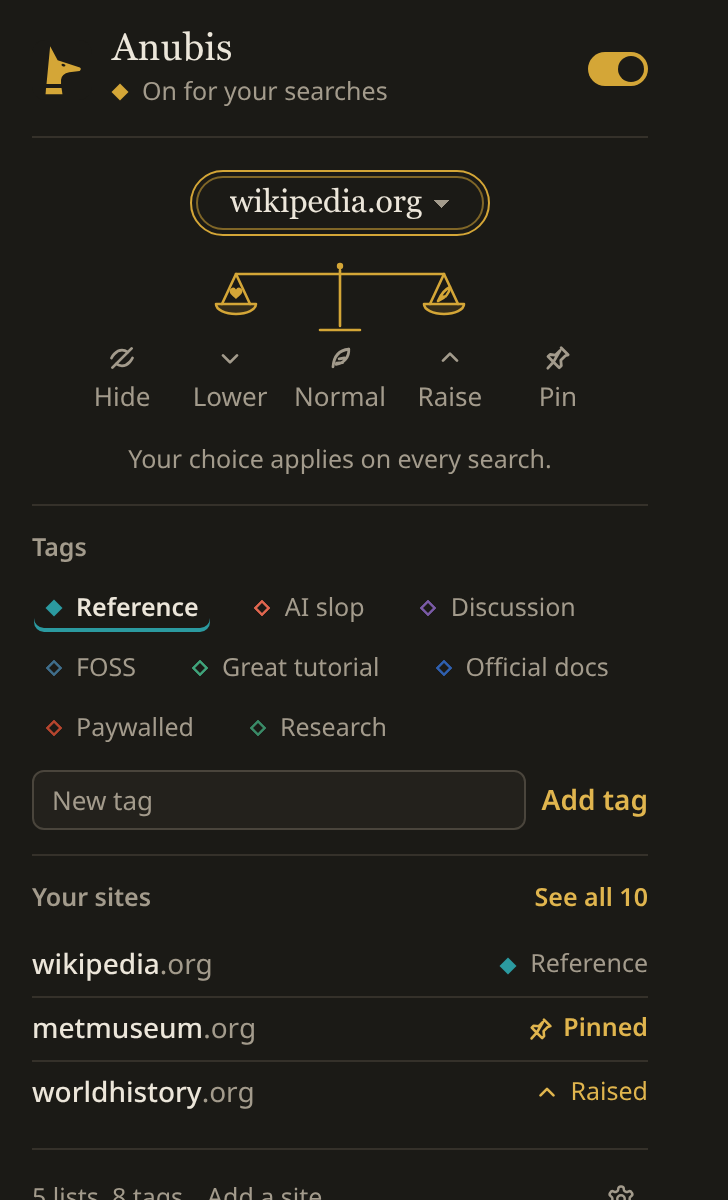 The toolbar popup on wikipedia.org: the Reference tag is selected and underlined among the site's tags