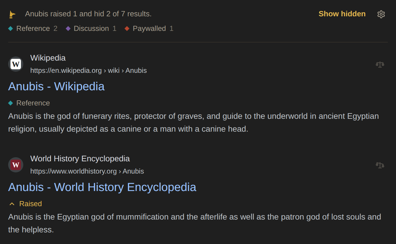 Anubis above a page of results: a one-line summary saying what it hid and raised, and tags under each title