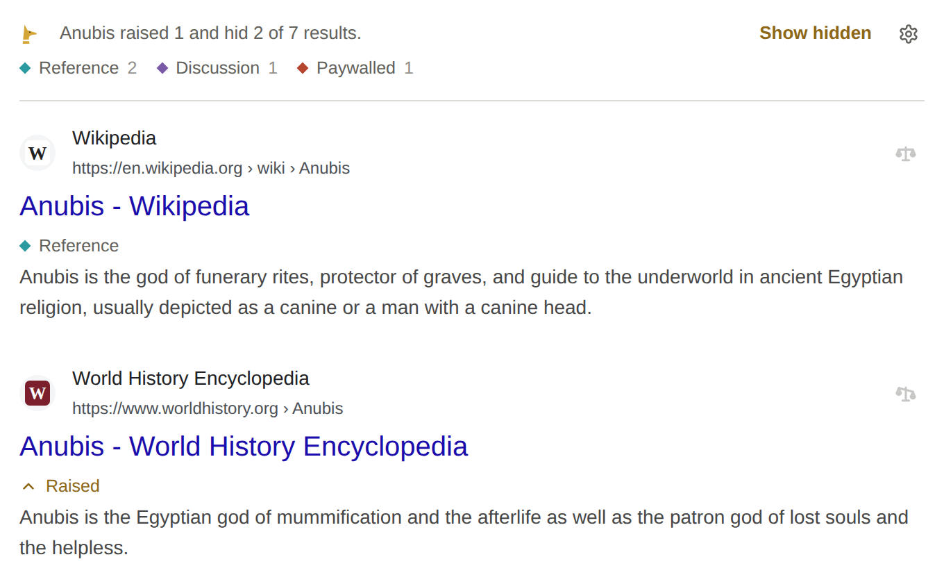 Anubis above a page of results: a one-line summary saying what it hid and raised, and tags under each title
